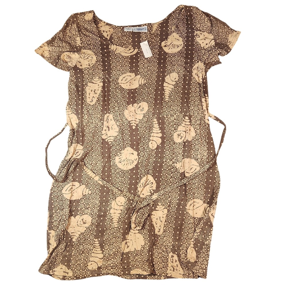 Back East Dress‎ Womens Medium Brown Seashell Cotton Tie Waist Short Sleeve Boho